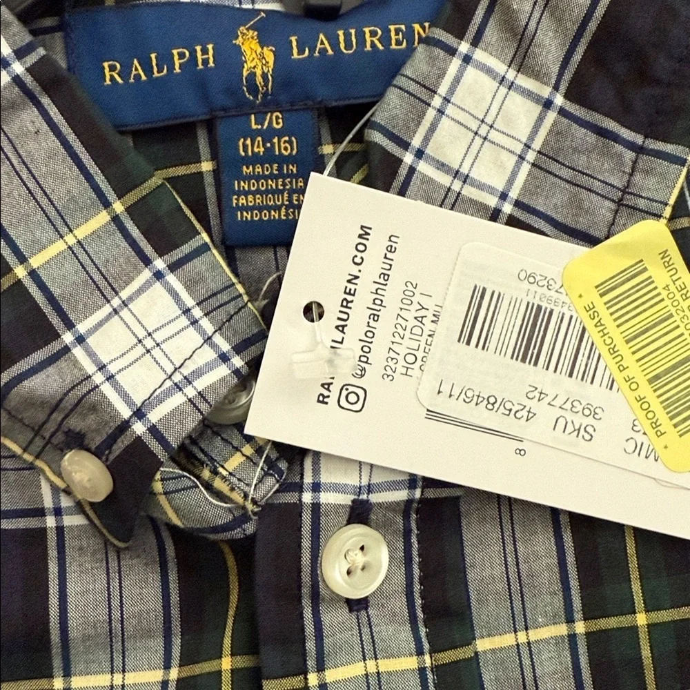 Polo Ralph Lauren boys navy and green plaid OXFORD shirt size large (14-16) NWT